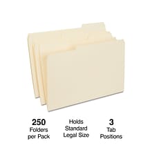 Quill Brand® File Folders, Assorted Tabs, 1/3-Cut, Legal Size, Manila, 250/Box (763137)