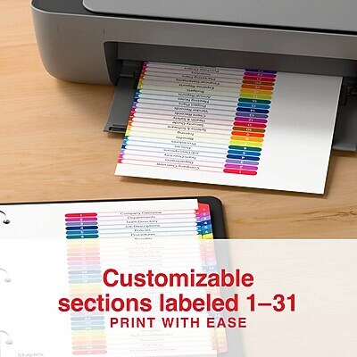 Staples Customizable Table of Contents Numeric Dividers, 1–31 Tabs, Multicolor