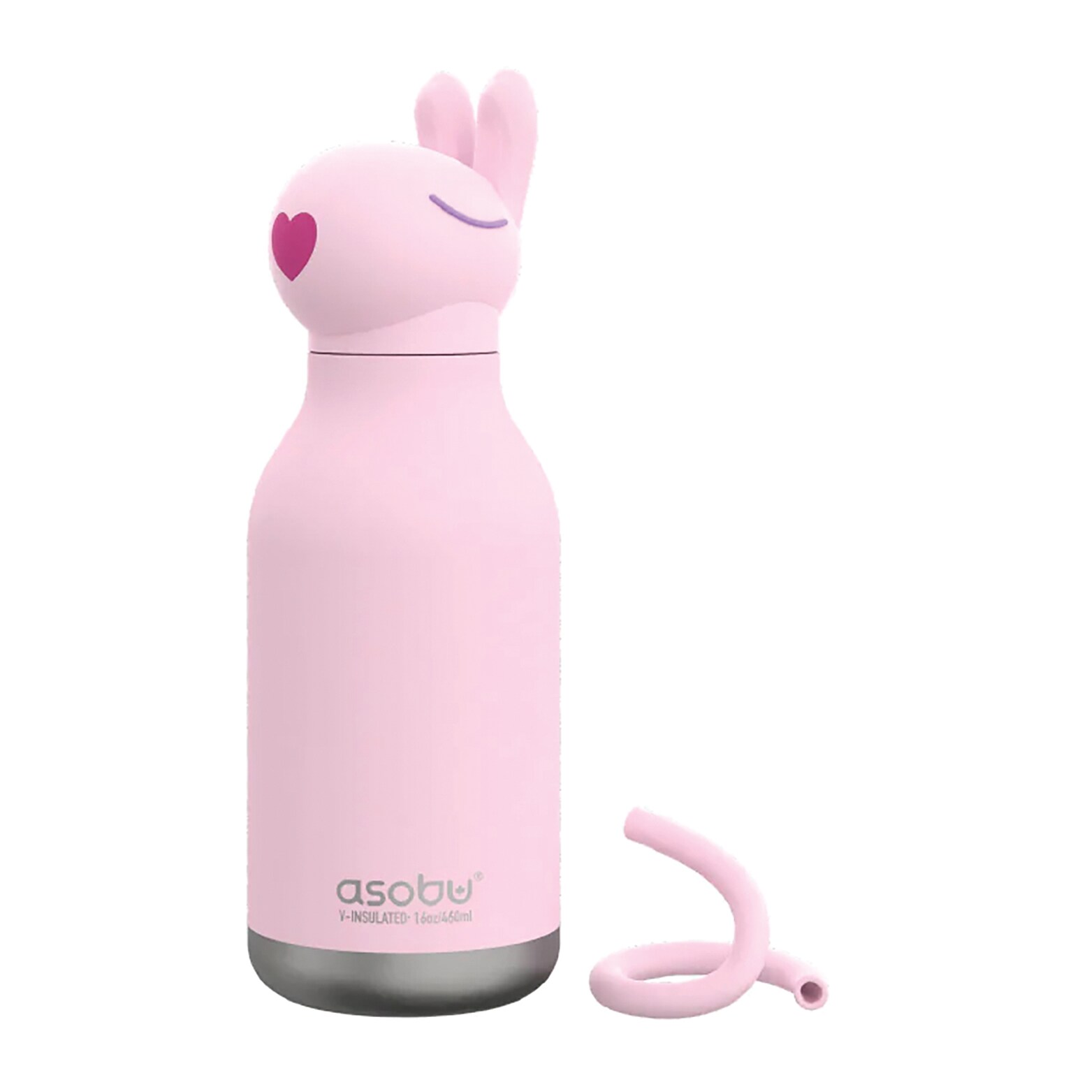 ASOBU Bestie Bottle Bunny Vacuum Insulated Stainless Steel Water Bottle with Reusable Flexi Straw, 16 oz., Pink (SBV44BU)