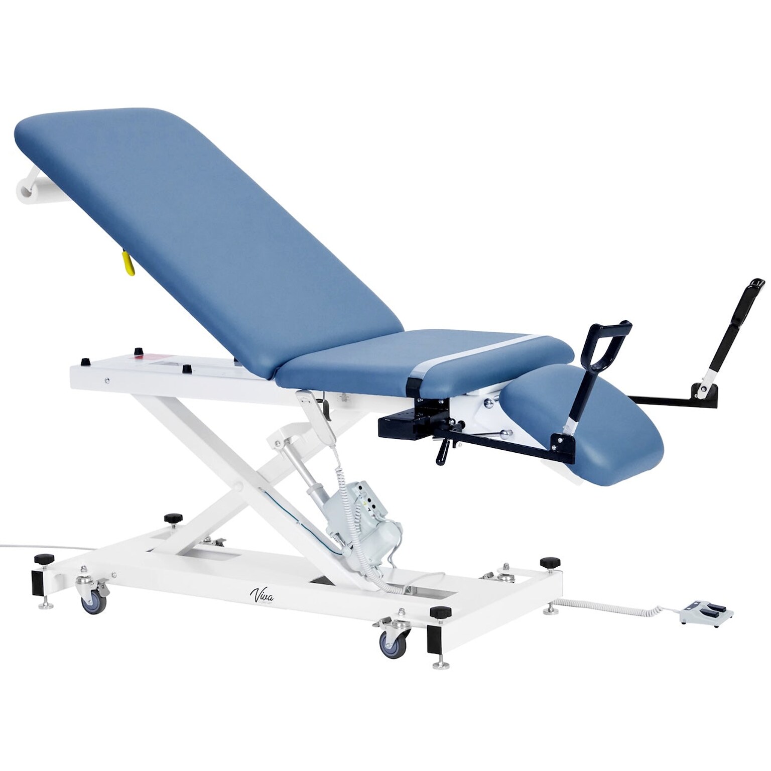 Viva Comfort XRO Electric Height and Back Adjustable Exam Table with Stirrups, 600 lbs Capacity, Blue (ADI903-22-BLU-MK)