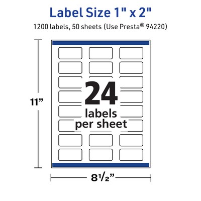 Avery TrueBlock Laser/Inkjet Rectangle Multipurpose Labels, 1" x 2", White, 1200/Box (94220)