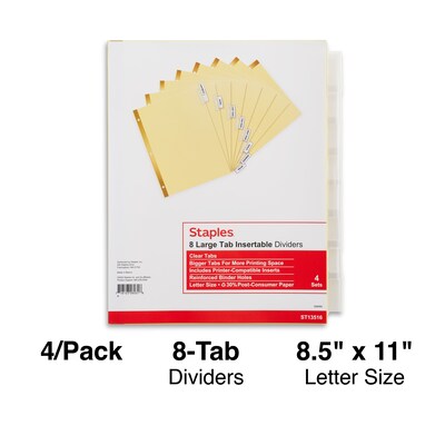 Staples Big Tab Insertable Dividers, 8-Tab, Clear, 4/Pack (13516)