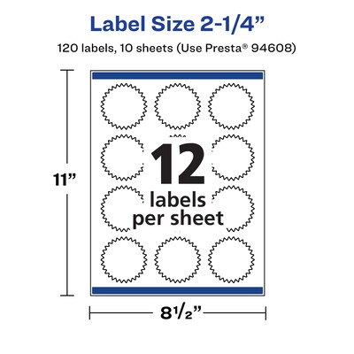 Avery Laser/Inkjet Starburst Waterproof Multipurpose Labels, 2.25"  Dia, White, 120/Pack (94608)