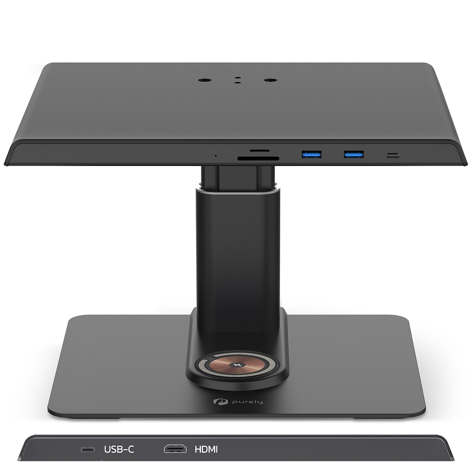 Purely S502 Ergonomic Adjustable Monitor Riser & Laptop Docking Station with Wireless Charging, Black (PMS502DS)