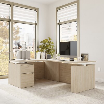 Bush Business Furniture Stratus 60W Electric L-Shaped Adjustable Standing Desk with Cabinet, Natural Elm (SUT015NE)
