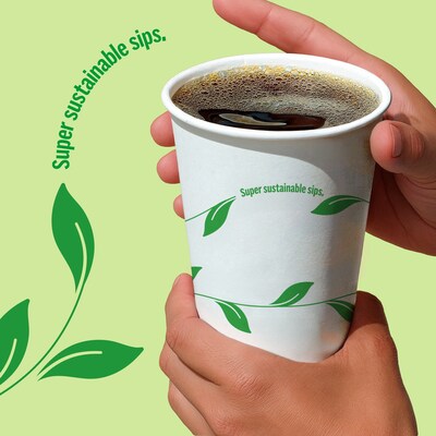 Perk™ Eco Compostable Paper Hot Cup, 16 Oz., White/Green, 300/Carton (PK56221)