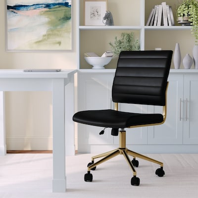 Martha Stewart Ivy Armless Faux Leather Swivel Office Chair, Black/Polished Brass (CH2209211BKGLD)