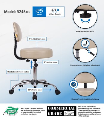 Boss Caressoft Armless Doctor's Stool with Backrest, Beige (B245-BG)