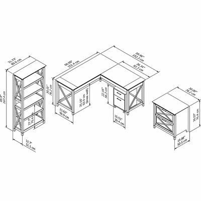 Bush Furniture Key West 60"W L Shaped Desk with File Cabinets and 5 Shelf Bookcase, Pure White Oak (KWS017WT)