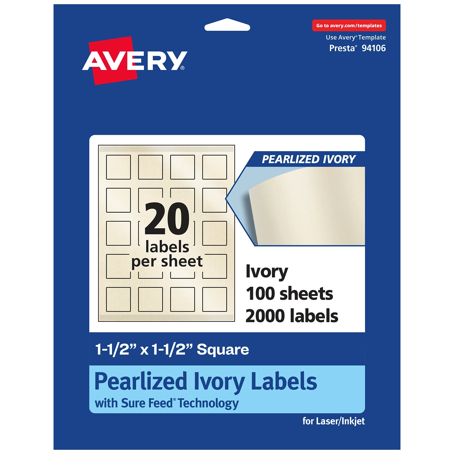 Avery Pearlized Ivory Square Multipurpose Labels, 1.5 x 1.5, Ivory, 2000/Box (94106)