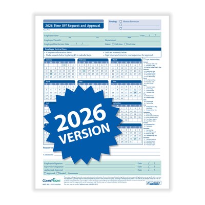 ComplyRight 2026 Time Off Request and Approval Calendar, 50 Forms/Pack (A0037)