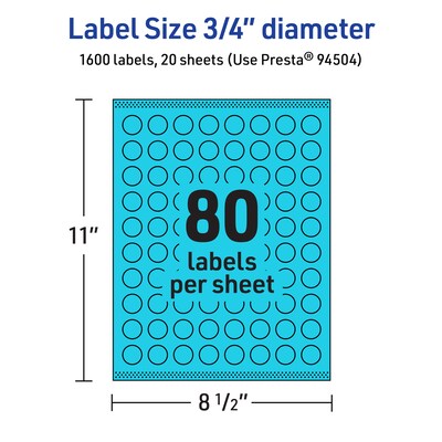 Avery Laser/Inkjet Multipurpose Circle Labels, 0.75" Dia., Bright Blue, 1600/Pack (94504)