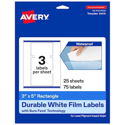 Avery Laser/Inkjet Rectangle Waterproof Multipurpose Labels, 5  x 3, White, 75/Pack (94213)