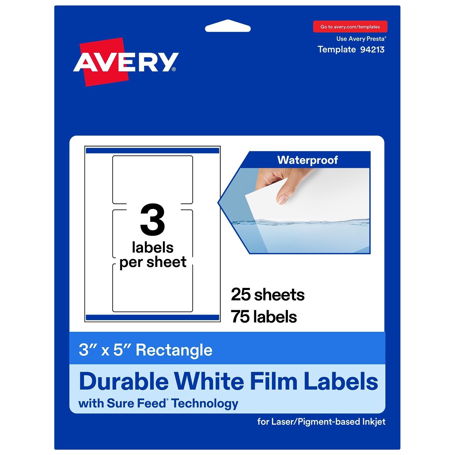 Avery Laser/Inkjet Rectangle Waterproof Multipurpose Labels, 5  x 3, White, 75/Pack (94213)