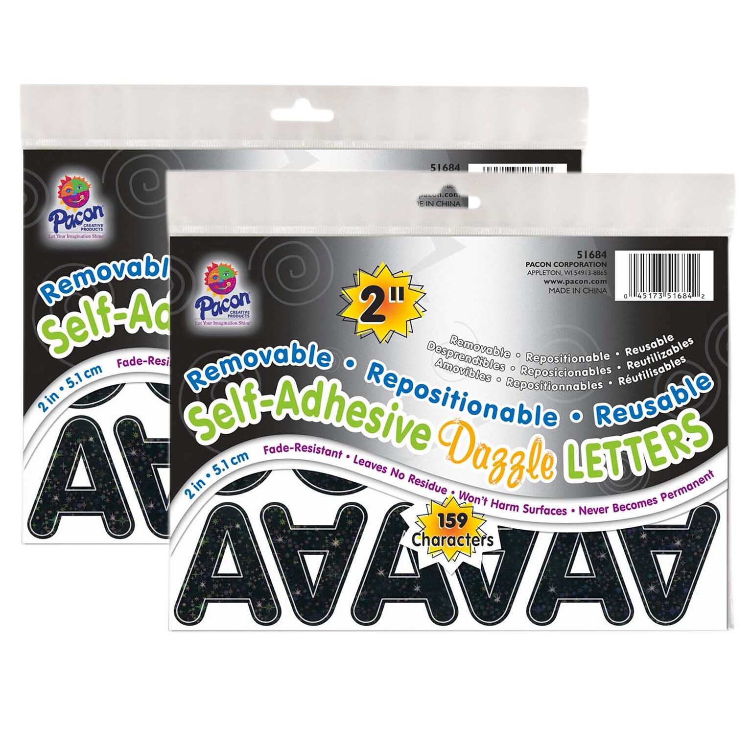 Pacon Puffy Font 2 Letter & Number Adhesive Letters, Black Dazzle, 159/Pack, 2 Packs (PAC51684-2)