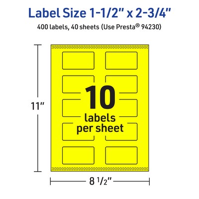 Avery Laser/Inkjet Rectangle Multipurpose Labels, 1.5" x 2.75", Neon Yellow, 400/Pack (94230)