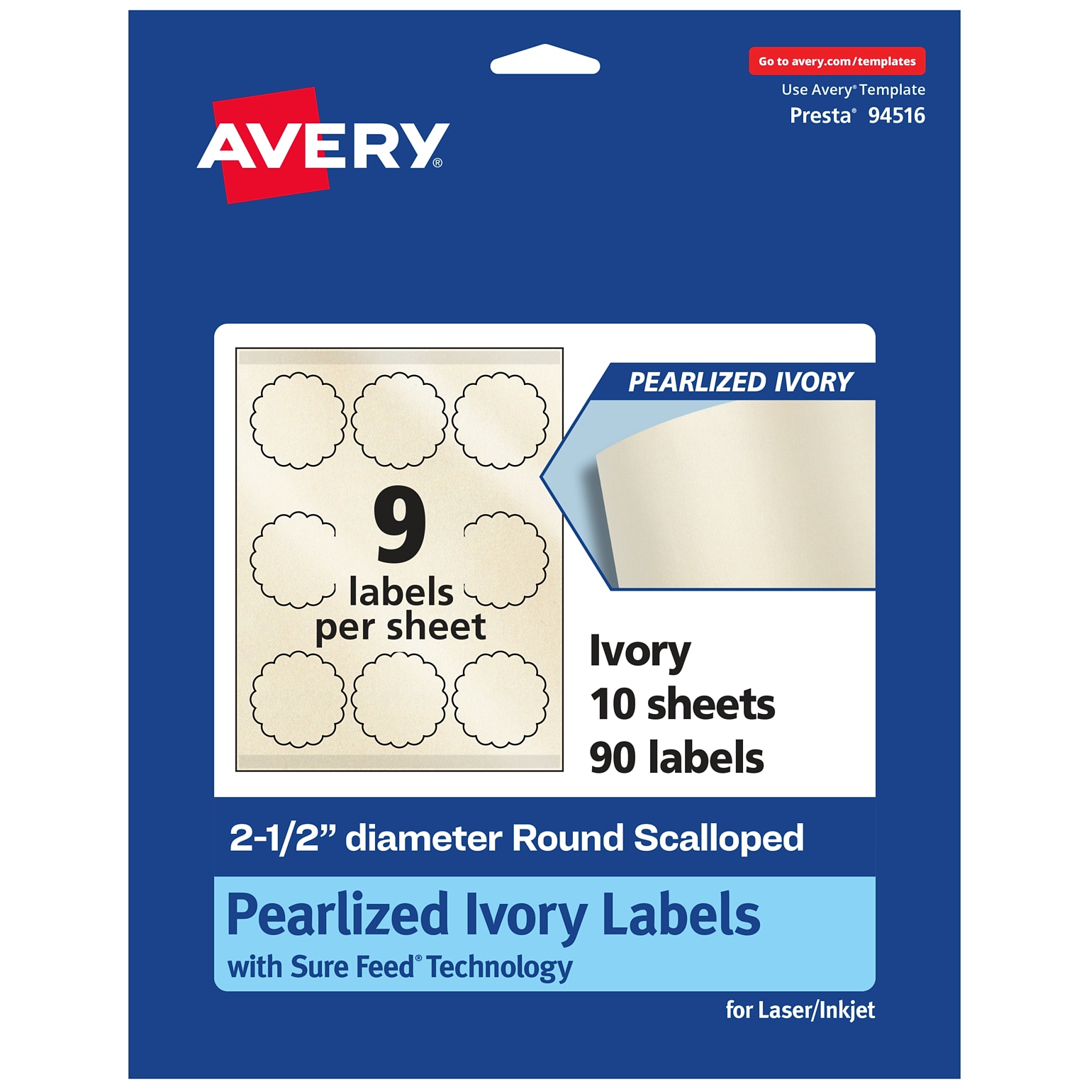 Avery Pearlized Ivory Decorative Edge Multipurpose Labels, 2.5 Dia., Ivory, 90/Pack (94516)