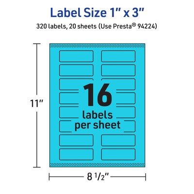 Avery Laser/Inkjet Multipurpose Rectangle Labels, 1" x 3", Bright Blue, 320/Pack (94224)