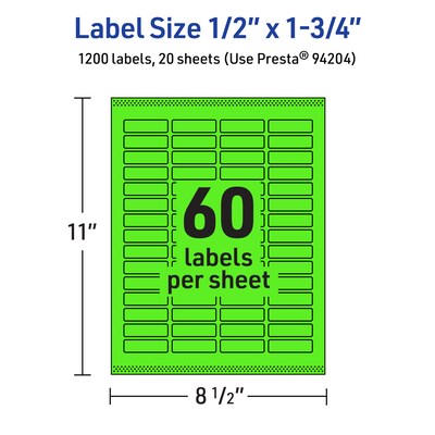 Avery Laser/Inkjet Multipurpose Rectangle Labels, 0.5" x 1.75", Neon Green, 1200/Pack (94204)