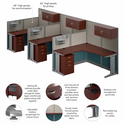 Bush Business Furniture Office in an Hour 63"H x 193"W 3 Person L-Shaped Cubicle Workstation, Hansen Cherry (OIAH006HC)