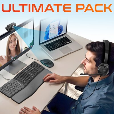 Delton Work Anywhere 32Y USB Headset, 1080p Webcam, Ergonomic USB Keyboard & Mouse Bundle, Black (DBND4WRD10Y)