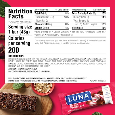 LUNA Gluten Free Chocolate Peppermint Stick Granola Bar, 1.69 oz., 15 Bars/Box (CCC210051)