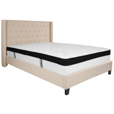 Flash Furniture Riverdale Tufted Upholstered Platform Bed in Beige Fabric with Memory Foam Mattress,