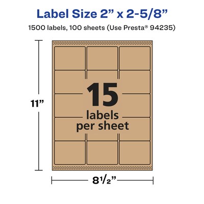 Avery Laser/Inkjet Rectangle Multipurpose Labels, 2" x 2-5/8", Kraft Brown, 1500 Labels/Box ( 94235)
