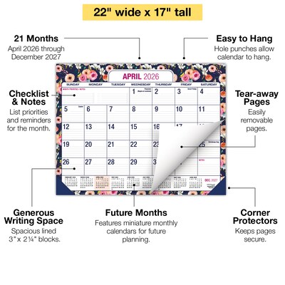 2026-2027 Excello Brands Large Print  22 x 17 Academic Monthly Desk Pad Calendar, Navy Floral (DP-AY26-2217-84)