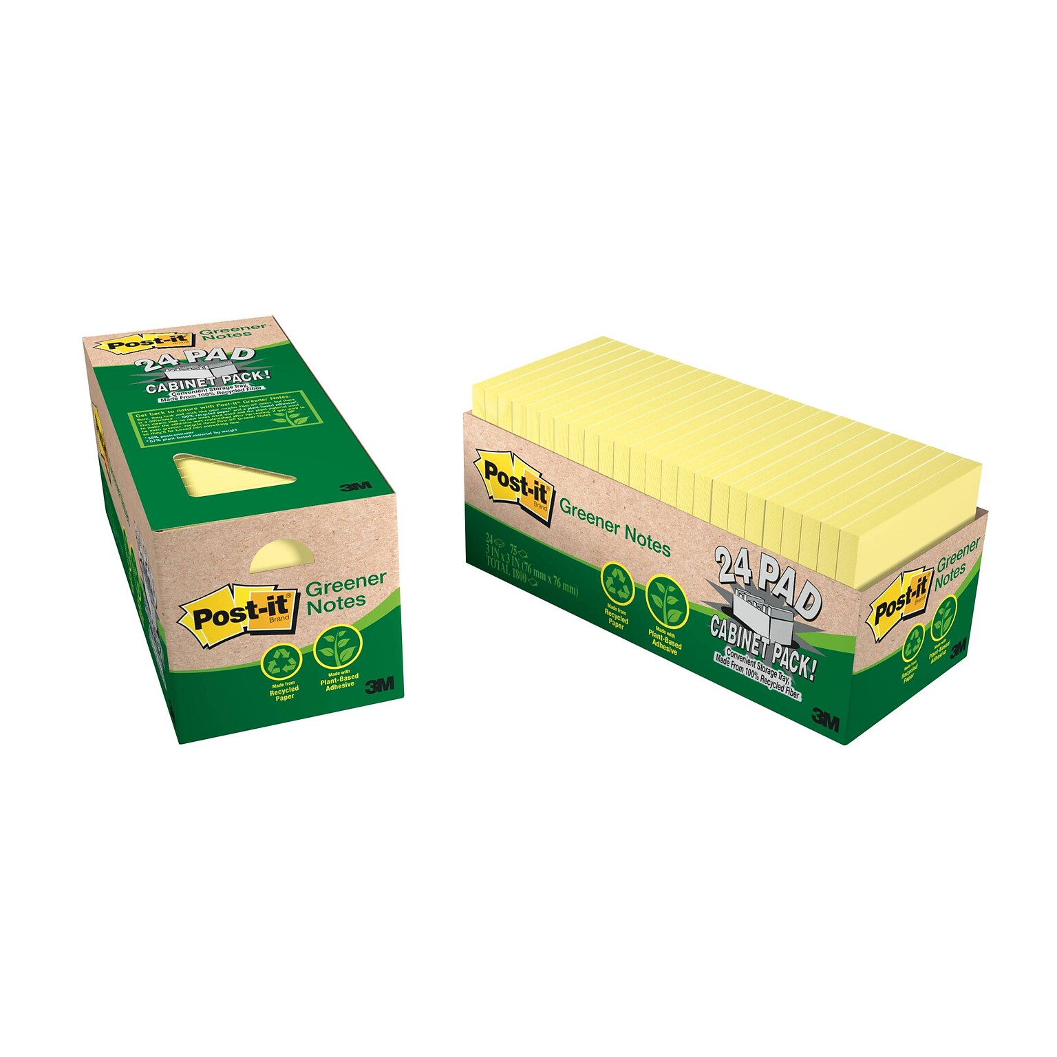 Post-it Recycled Notes, 3 x 3, Canary Collection, 75 Sheet/Pad, 24 Pads/Pack (654R24CPCY)