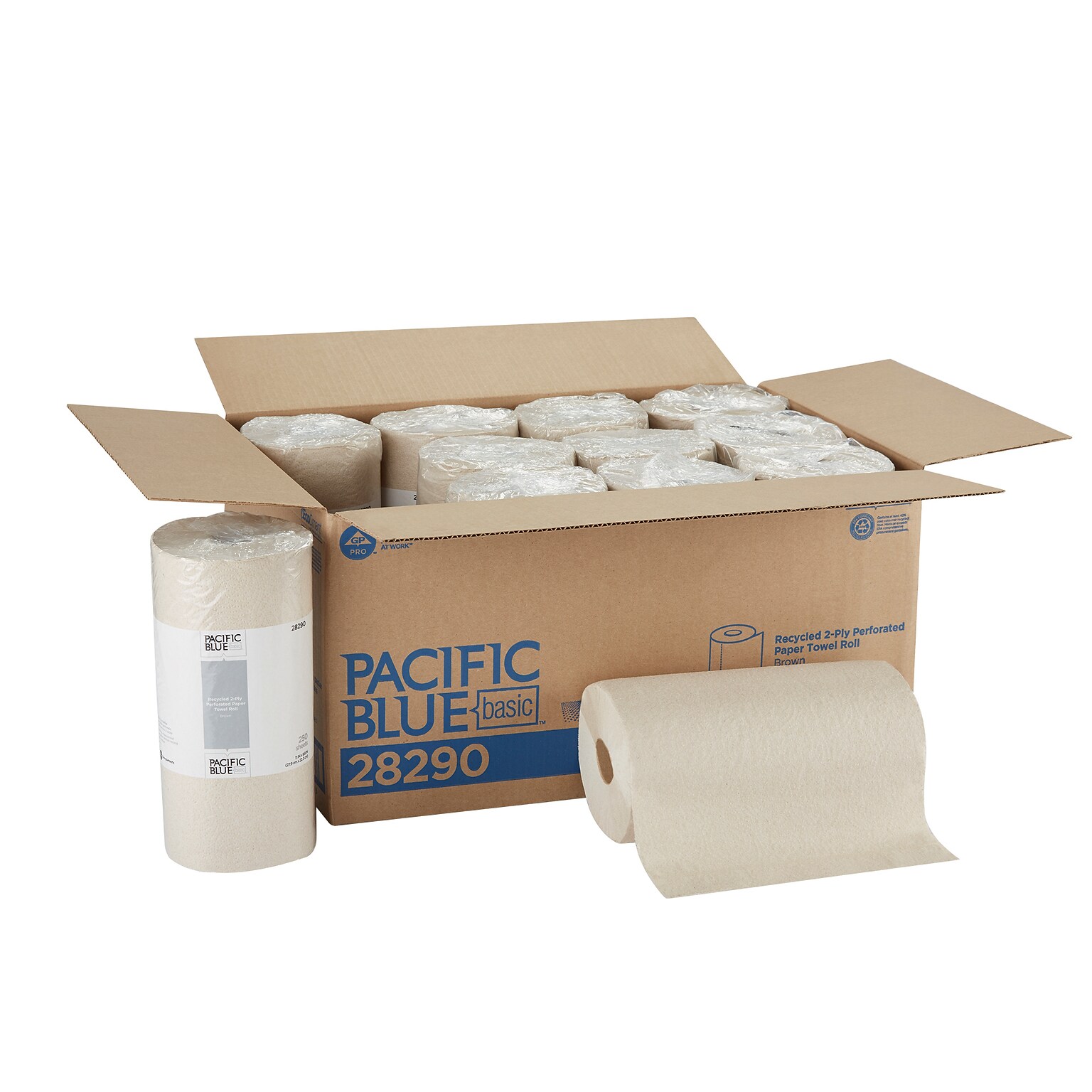 Pacific Blue Basic Recycled Paper Towels, 2-ply, 250 Sheets/Roll, 12 Rolls/Carton (28290)