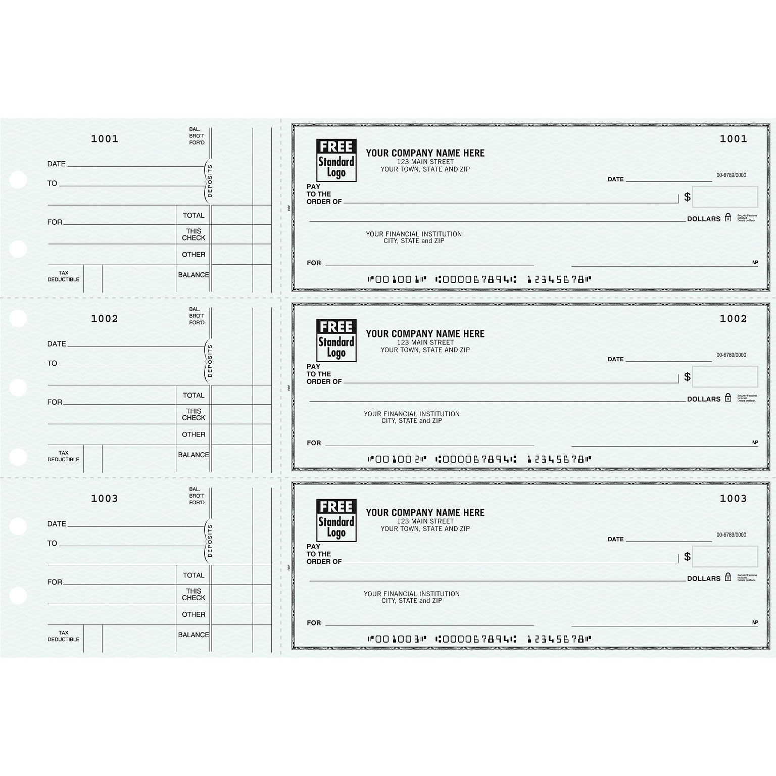 Custom 3-On-A-Page Business Size Checks, Side-Tear Voucher, Standard Color, 2 Ply/Duplicate, 1 Clr Printing, 8.25 x 3, 250/Pk
