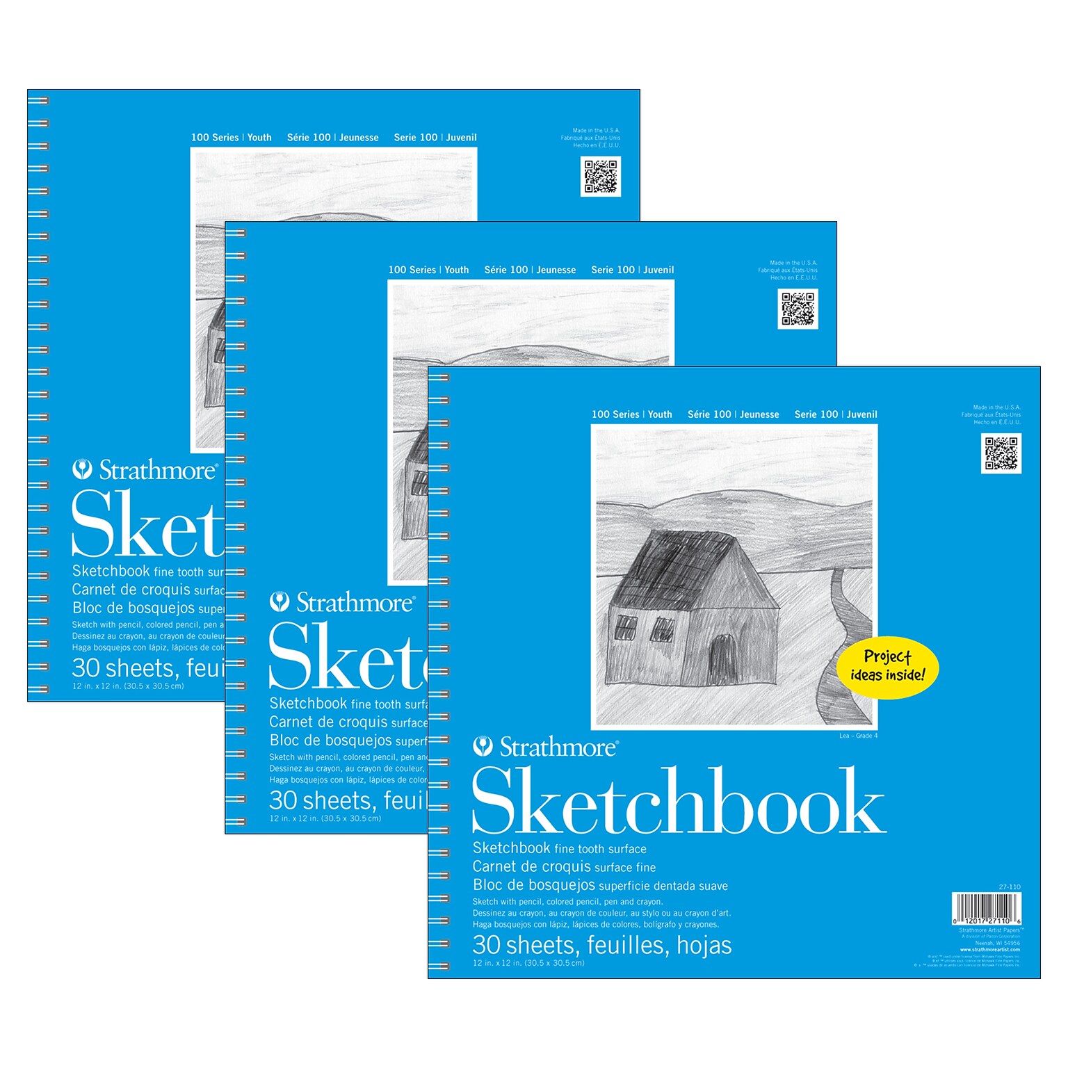 Strathmore 100 Series 12 x 12 Sketch Pad, 30 Sheets/Pad, 3/Bundle (STTP271101-3)