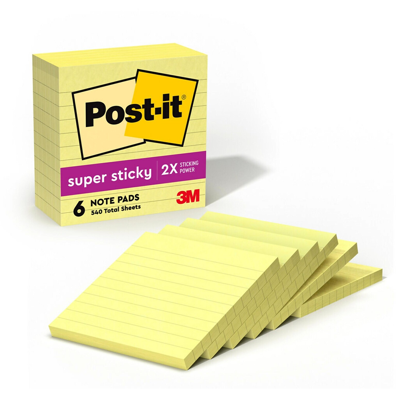 Post-it Super Sticky Notes, 4 x 4, Canary Collection, Lined, 90 Sheet/Pad, 6 Pads/Pack (675-6SSCY)