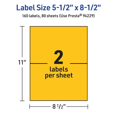 Avery Laser/Inkjet Rectangle Multipurpose Labels, 5.5" x 8.5", Bright Yellow, 160/Box (94229)