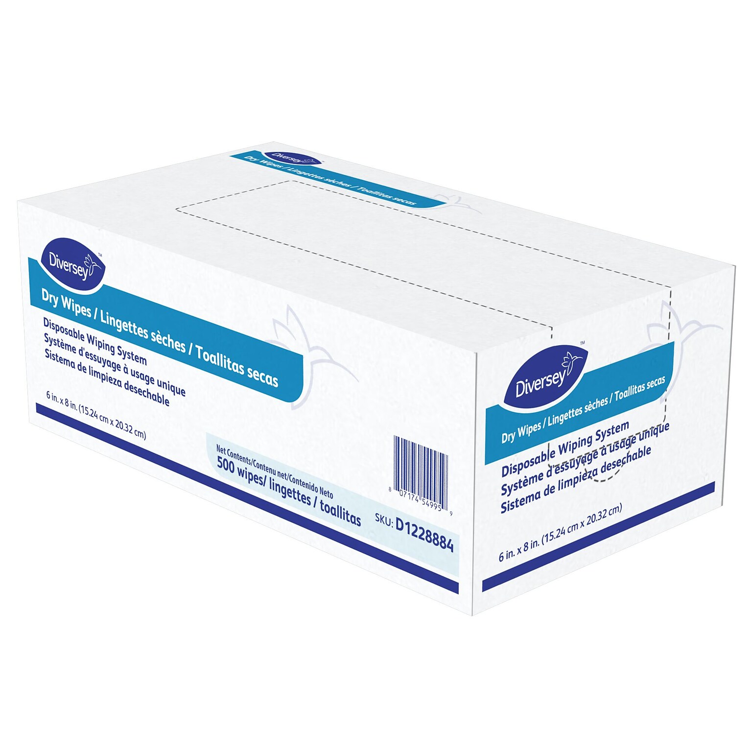 Diversey Fabric Cleaning Wipers, 8 x 6, White, 500 Wipers/Box, 4/Carton (D1228884)