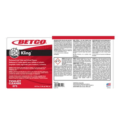 Betco Kling Toilet Bowl Cleaner Bottle, Mint Wintergreen Scent, 32 oz., 12/Carton (0751200)