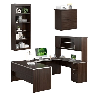 Bestar Ridgeley U Shaped Desk with Hutch, File Cabinet, and Bookcase, Dark Chocolate (52850-79)