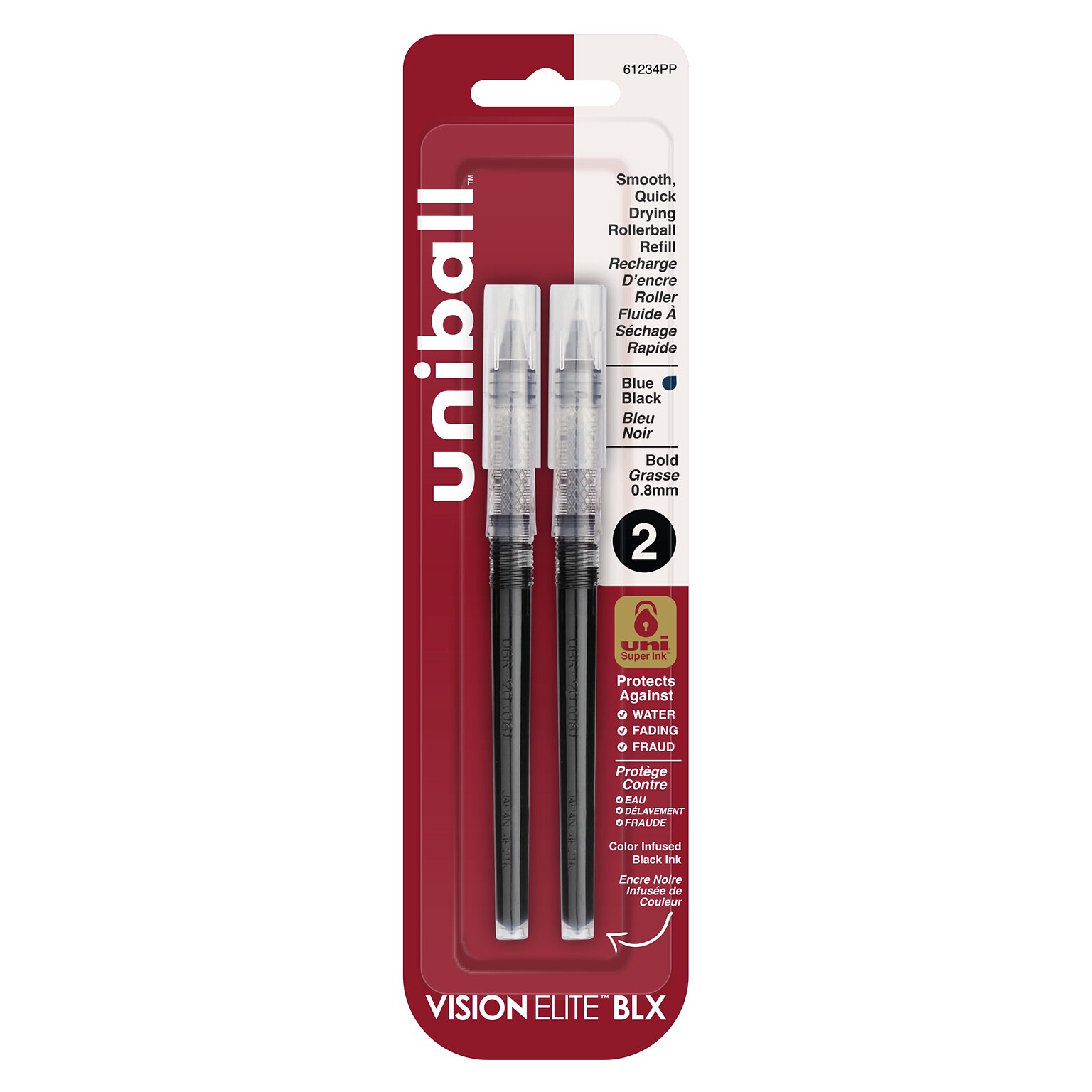 uni-ball Vision Elite Rollerball Pen Refill, Bold Point, Blue/Black Ink, 2 Pack (61234PP)