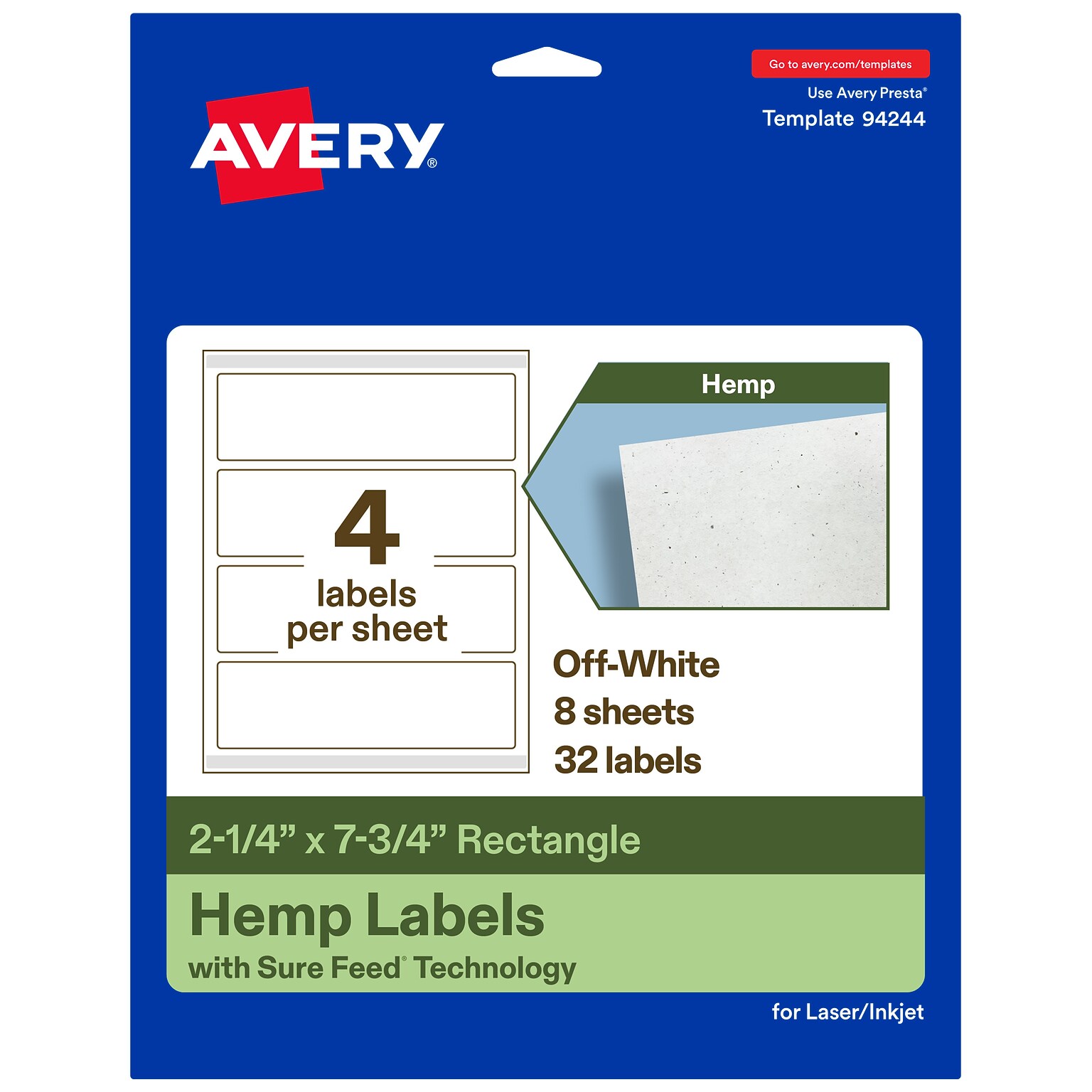 Avery Hemp Rectangle Laser/Inkjet Multipurpose Labels, 2-1/4 x 7-3/4, Off-White (32/Pack)