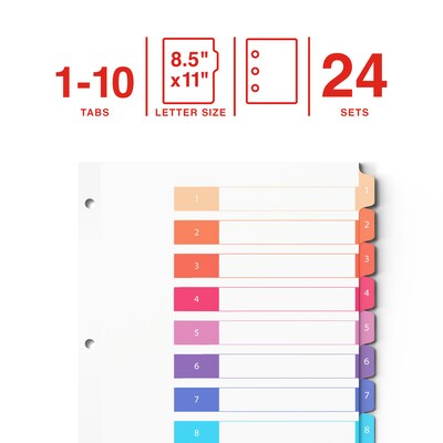Staples Customizable Table of Contents Numeric Dividers, 10-Tabs, 24 Sets, Multicolor (ST62976)