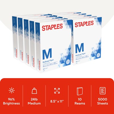 Staples 50% Recycled Multipurpose Paper, 8.5 x 11, 24 lbs., White, 500 Sheets/Ream, 10 Reams/Carton (86059)