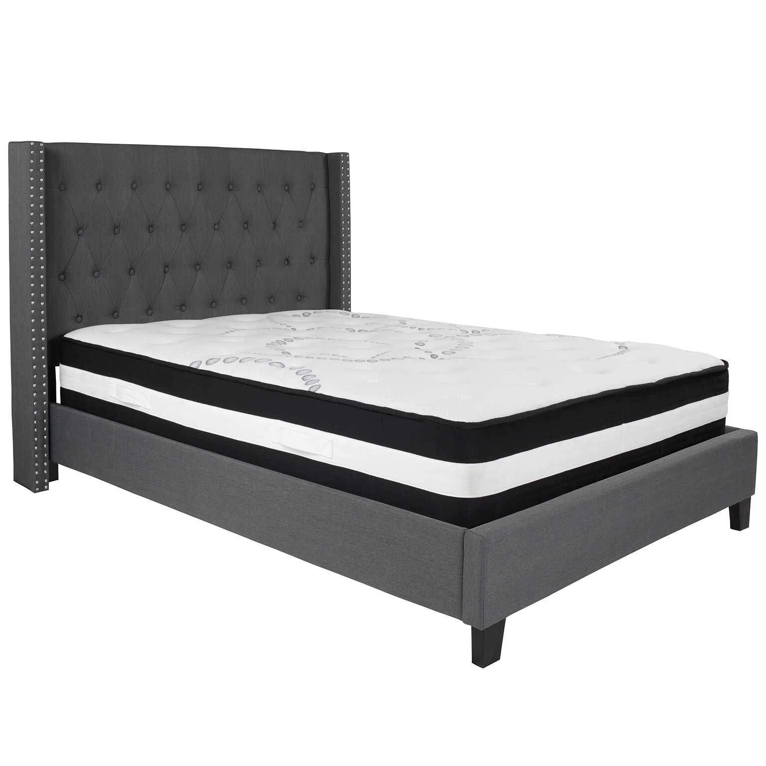 Flash Furniture Riverdale Tufted Upholstered Platform Bed in Dark Gray Fabric with Pocket Spring Mattress, Full (HGBM46)