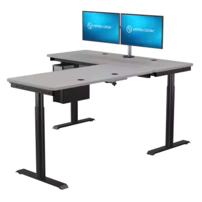 VersaDesk PowerLift 60"W Electric L-Shaped Adjustable Standing Desk, Gray/Black (PLLSD7260-BG-APP)