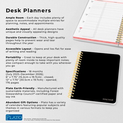 2025-2026 Plato Black Solid 6" x 7.75" Academic Year Weekly Planner, Black (9798330700073)