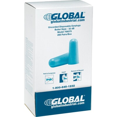 Global Industrial Bullet Earplugs, Tapered, Uncorded, NRR 32 dB, 200 Pairs/Box (708375)