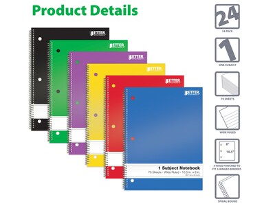 Better Office 1-Subject Notebooks, 8" x 10.5", Wide Ruled, 70 Sheets, 24/Pack (25624-24PK)