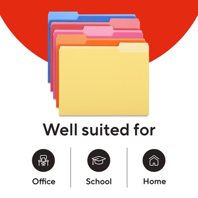 Staples File Folders, Letter Size, 1/3-Cut Tabs, Assorted Positions, Assorted Colors, Heavy-Duty Paper Stock, 250/Pack