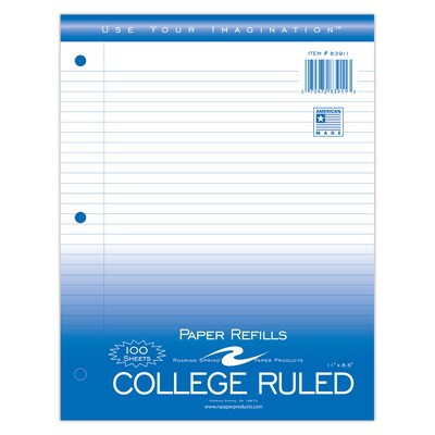 Roaring Spring Paper Products College Ruled Filler Paper, 8.5 x 11, 3-Hole Punched, 100 Sheets/Pack (83911)
