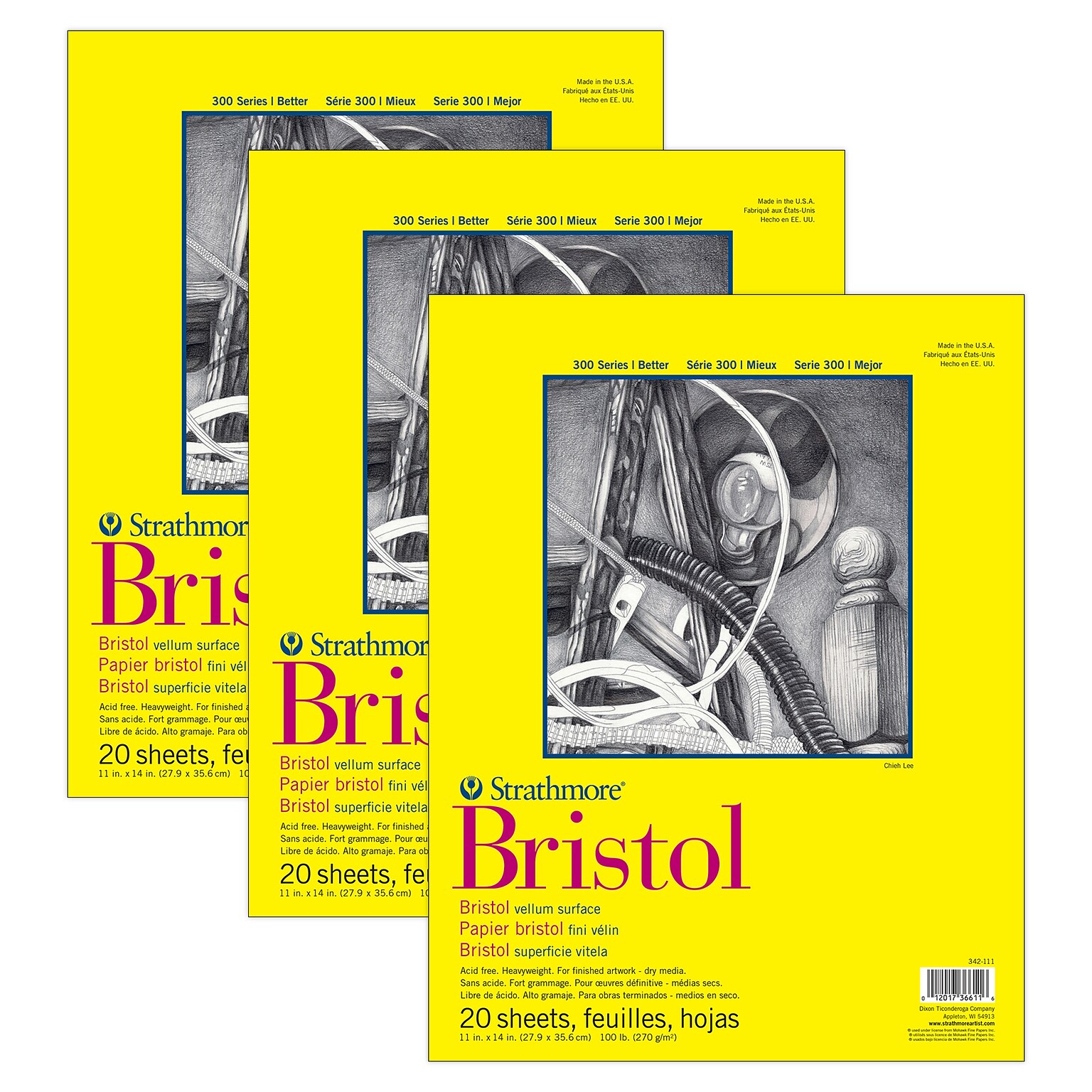 Strathmore 300 Series 11 x 14 Tape Bound Bristol Sketch Pad, 20 Sheets/Pad, 3/Bundle (STTP34211103-3)